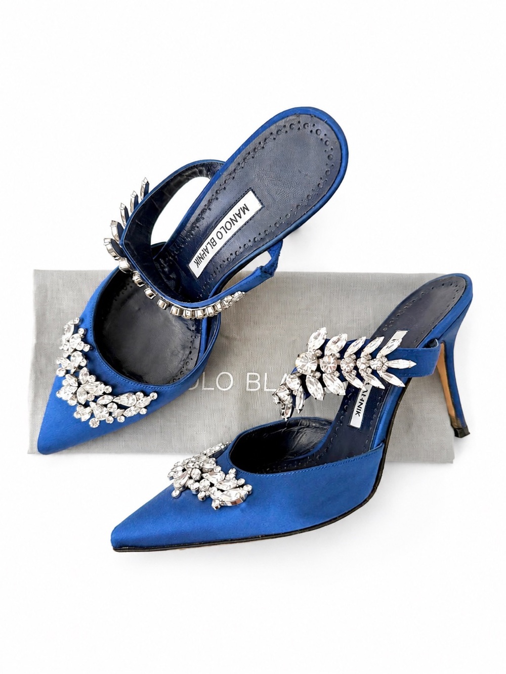 MANOLO BLAHNIK | Lurum Cobalt Blue Satin Crystal Embellished Mule Heels EU 37